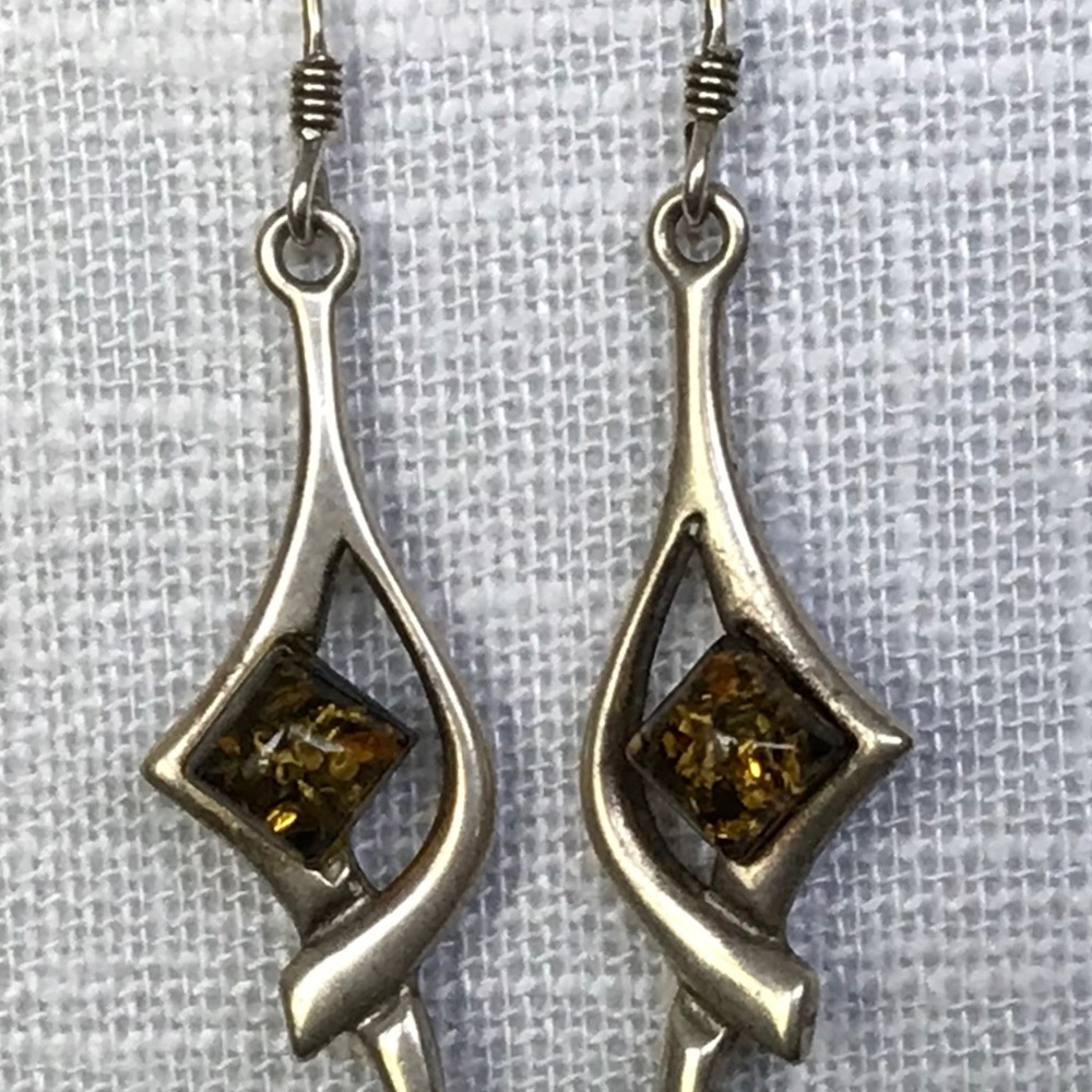 Sterling Silver & Green Amber Drop Earrings